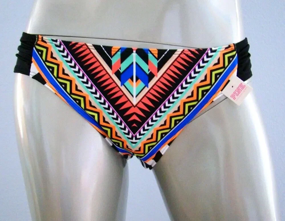 PINK Victoria' Secret Geo Print Black Chevron Side Ruched Mini Bikini Bottom
